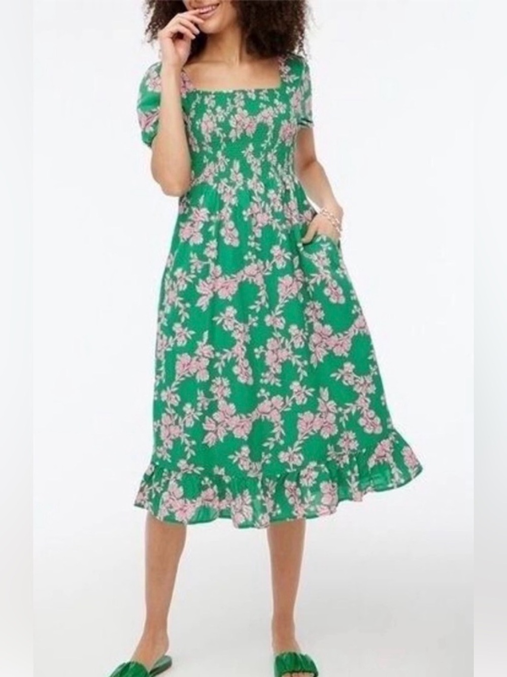 J Crew Smocked Midi Dress 3X 100% Cotton Green Pink Floral Puff Sleeve